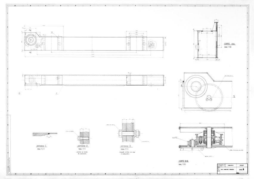 Desenho da viga cabeceira esquerda de uma "Ponte rolante rotativa 2x 5 t/5 x 22,00 m"