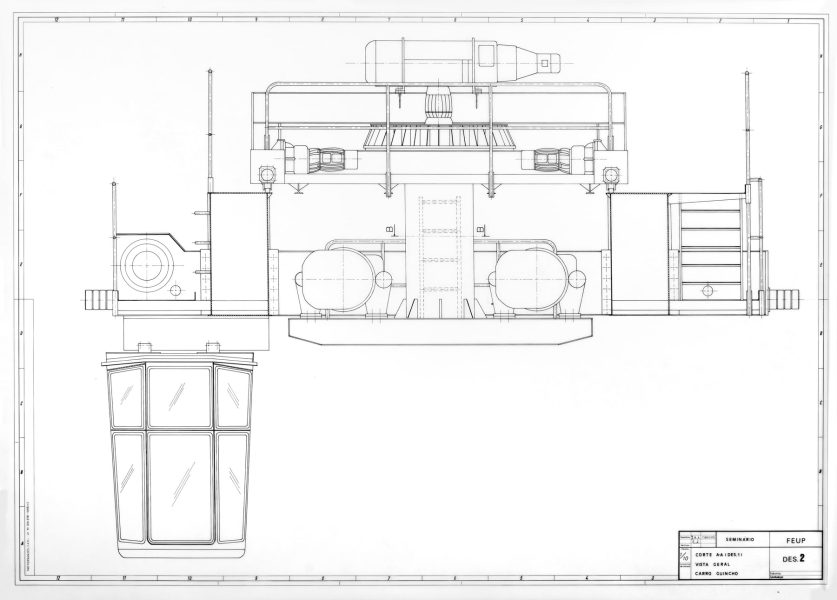 Desenho do corte A-A: Vista geral - Carro Guincho de uma "Ponte rolante rotativa 2x 5 t/5 t x 22,00 m"