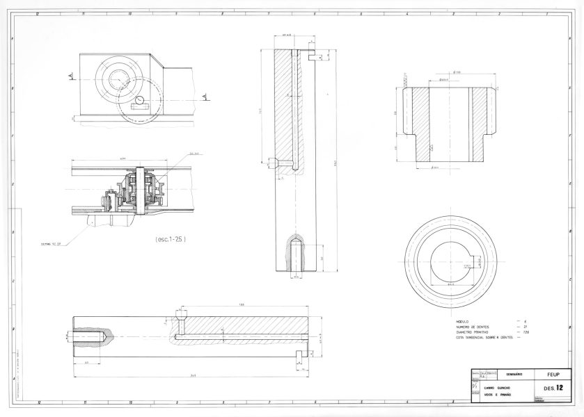 Carro Guincho - desenho dos. Veios e pinhão de uma "Ponte rolante rotativa 2x 5 t/5 t x 22,00 m"
